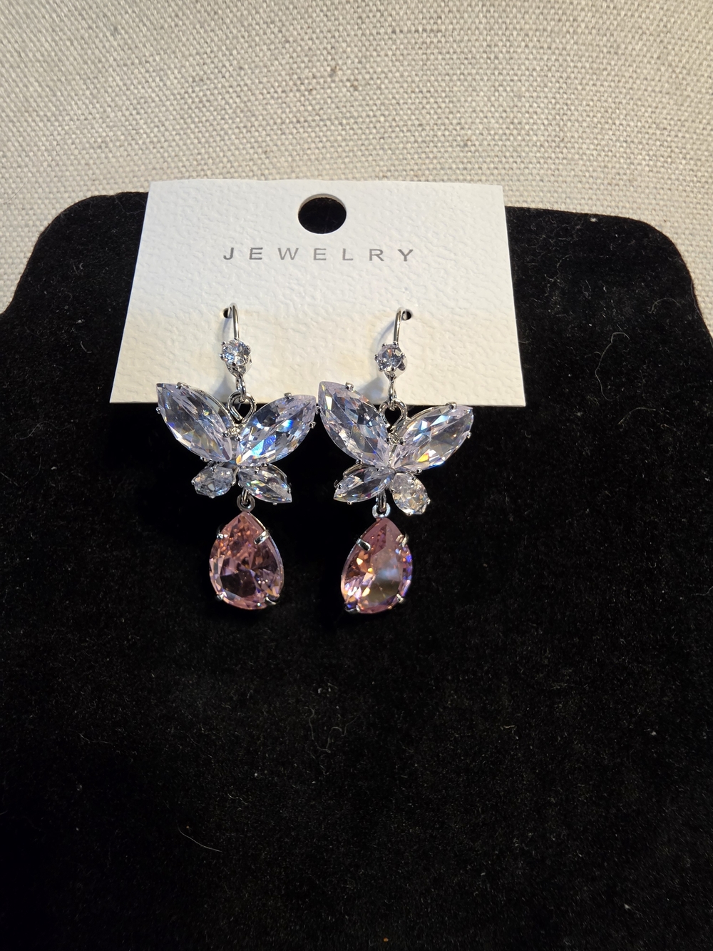 #1414. Pink and Clear Crystal Butterfly Drop Earrings